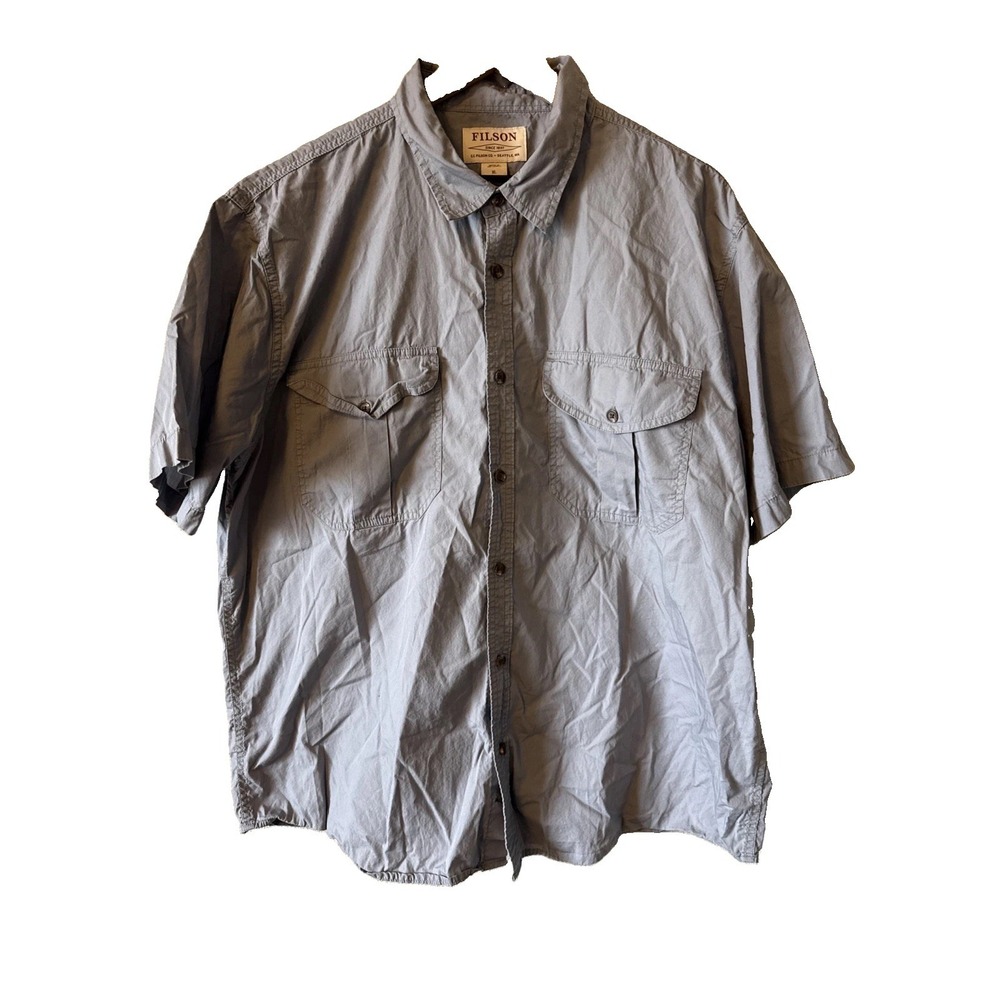 Filson Smoke Blue Utility Men Casual Button Down Short Sleeve Camp Shirt XL